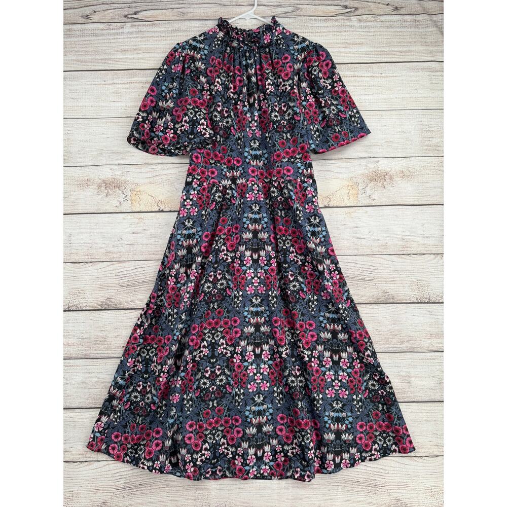 Julia Jordan Floral High Neck Maxi Dress Womens 8 Black Blue Pink Short Sleeve